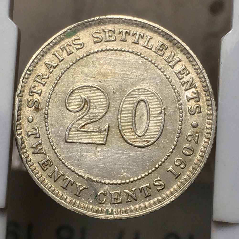 STRAITS SETTLEMENTS 1902 20 CENTS #02 Silver .800 KM22