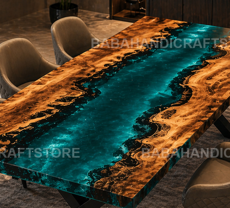 Custom Live Edge Walnut Dining Table with Teal Epoxy River Handmade Table Top