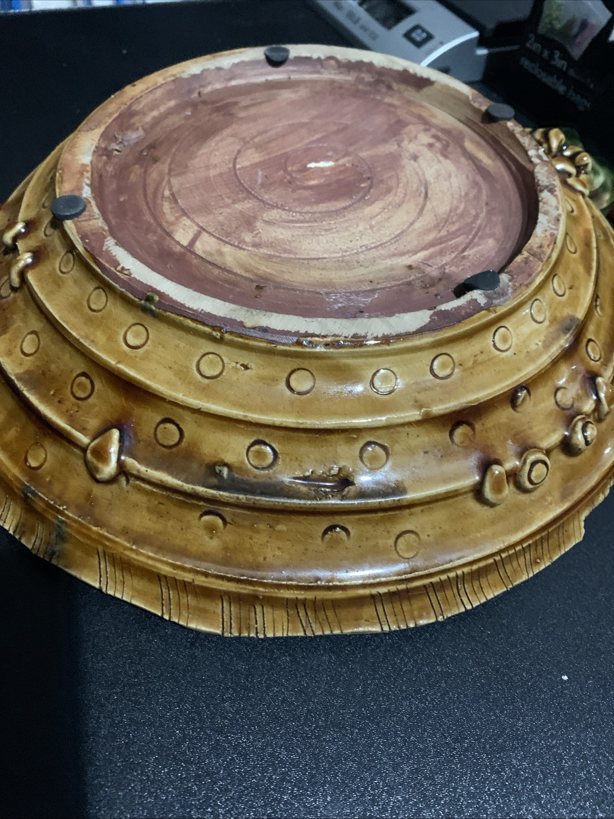 Vintage Mission Style Pottery Dragonfly Collectable Art Pottery Green Bowl 11"