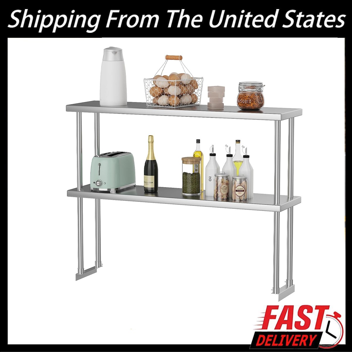 12"x48" Stainless Steel Overshelf for Prep & Work Table, 2-Tier Adjustable Shelf