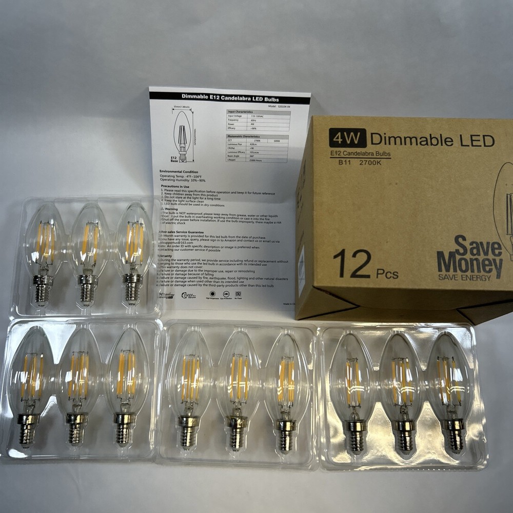 12 Pack Dimmable E12 Candle Light Bulbs LED 4W Candelabra Bulb