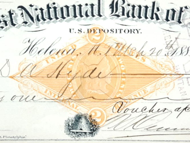 Old 1883 BANK CHECK ~ FIRST NATIONAL BANK OF HELENA MT With RN-G1 Revenue Stamp