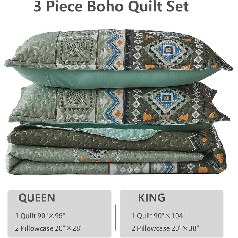 Bohemian Quilt Set Soft Microfiber Bedding W/ Geometric Pattern Pillowcases New