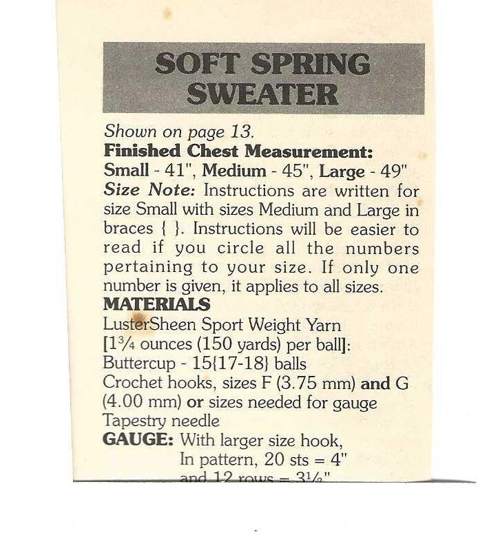 Soft Spring Sweater; (#13) vintage crochet pattern