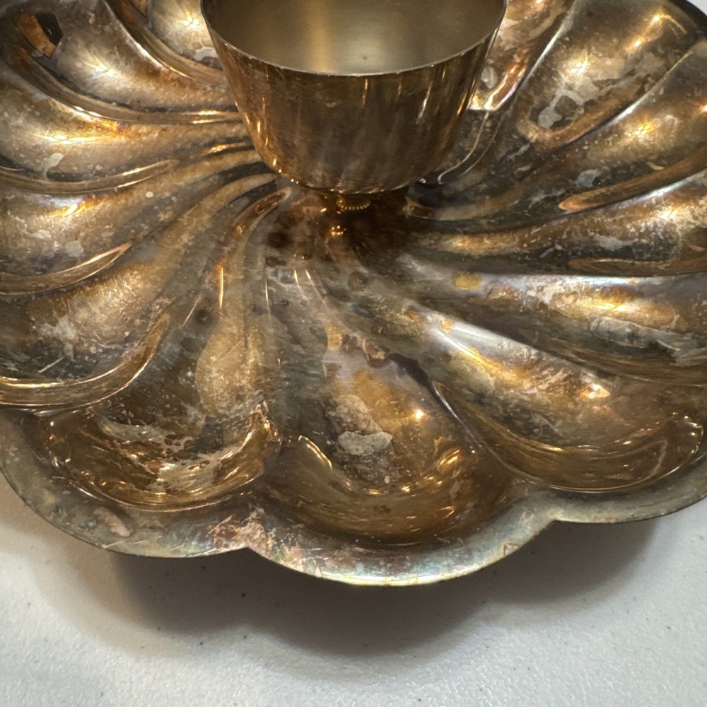 Vintage Silverplate Scalloped Round Shrimp Footed Tray w/ Dip Cup; 11"