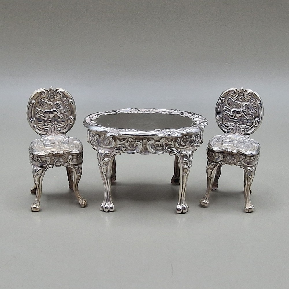 Vintage Solid Silver Miniature Dollhouse Table & Two Cherub Chairs