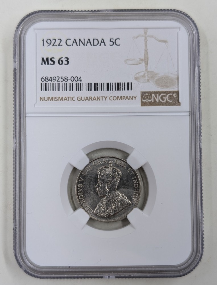 1922 CANADA Nickel 5 Five Cent Piece Graded MS63 NGC First Year Type