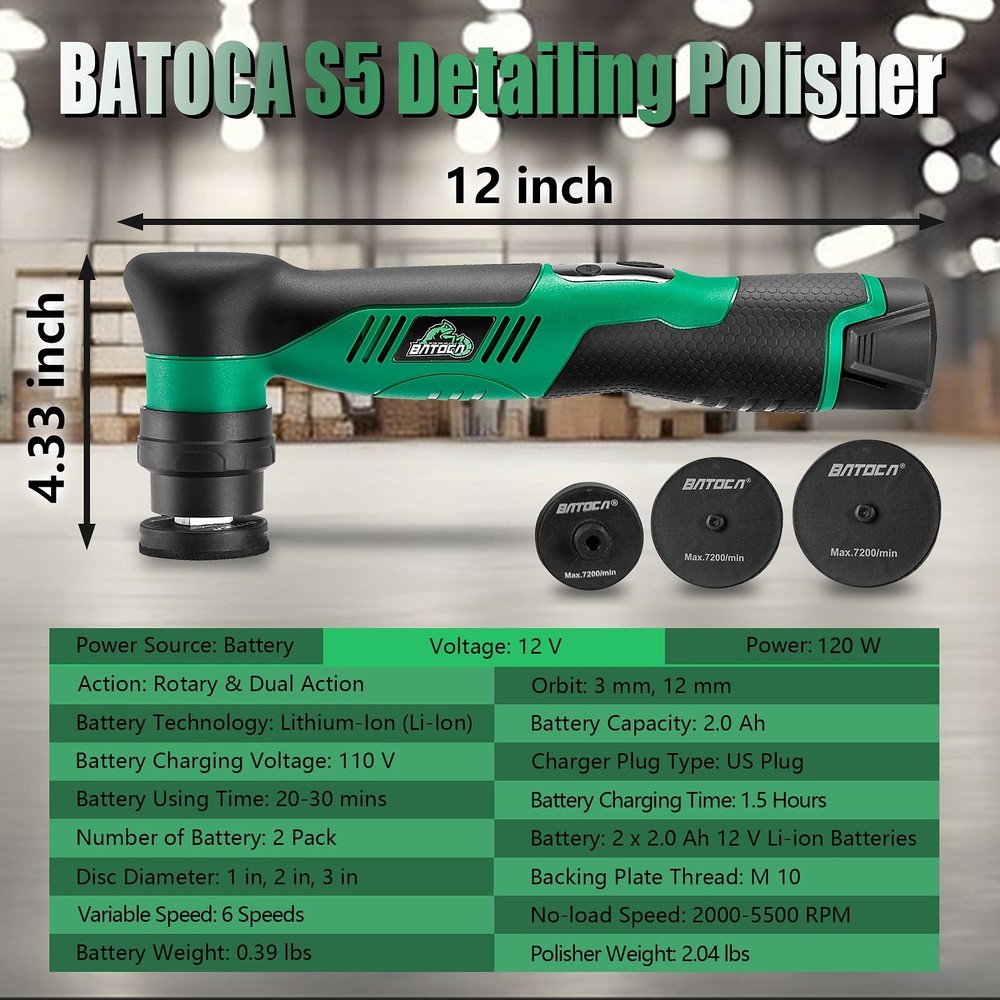 BATOCA S5 Cordless Car Buffer Polisher Sander Dual Action & Mini, Black