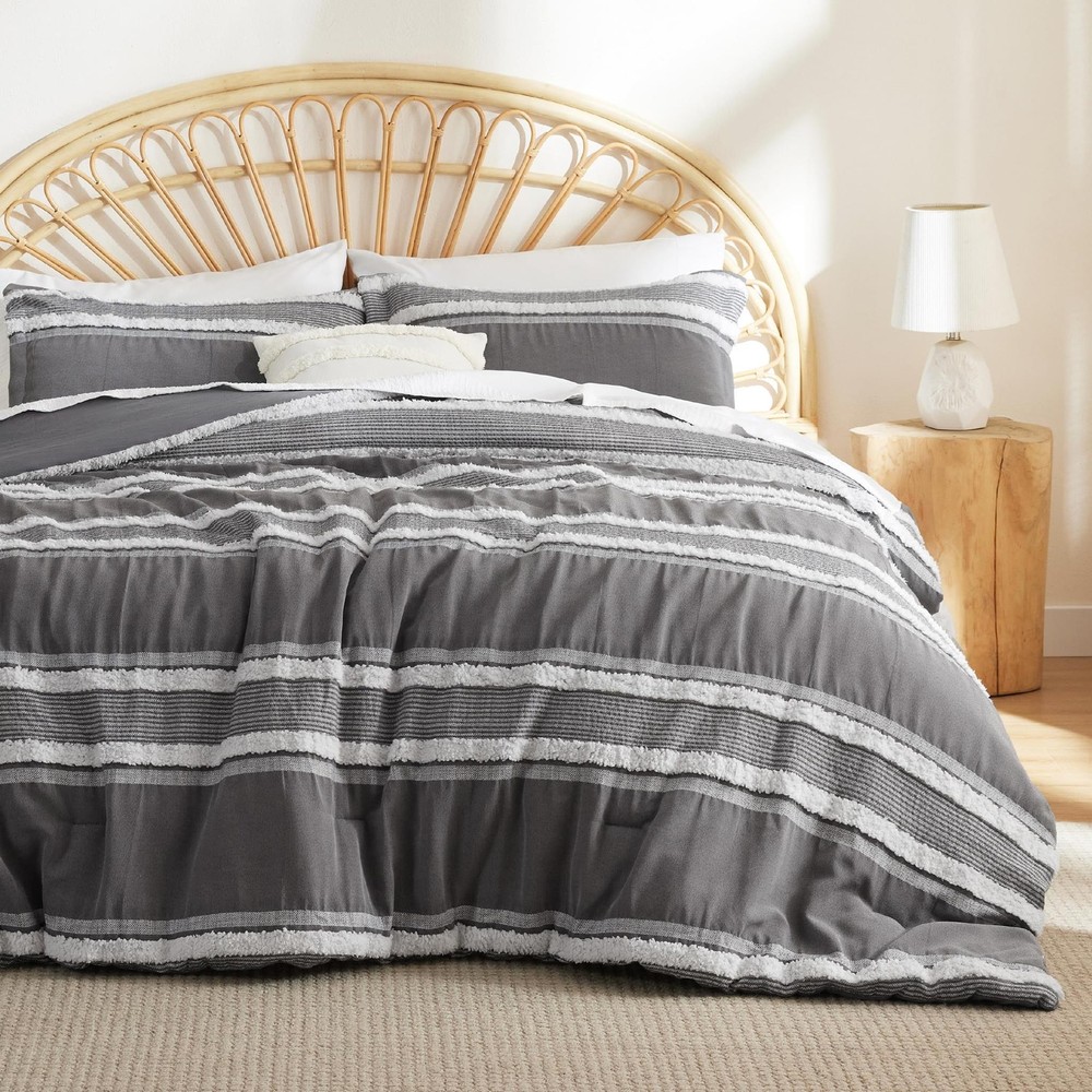 Bedsure Boho Comforter Set Queen - Dark Grey Jacquard Bedding Comforter Set, 3 P