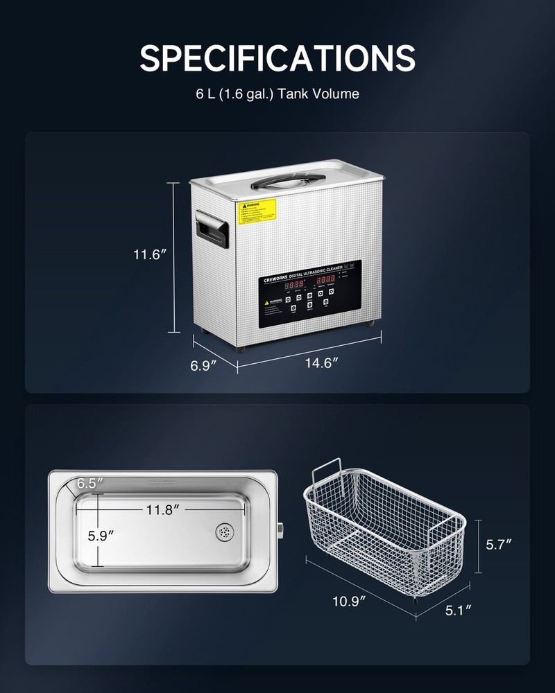 CREWORKS 6L Ultrasonic Cleaner with Control Panel 1-30 min. Timer & Degas Mode