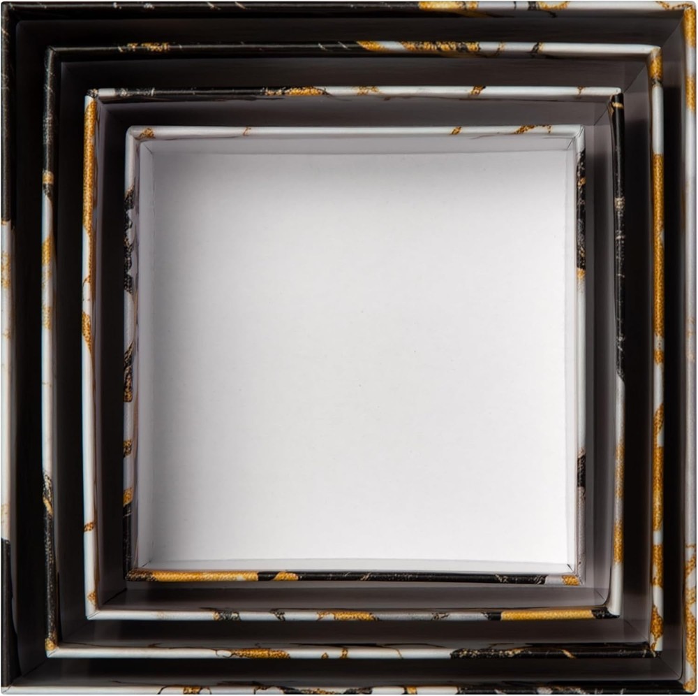 4 PC SET - Square Gift Boxes with Lids, Gold Black & White Marble, Nested Boxes