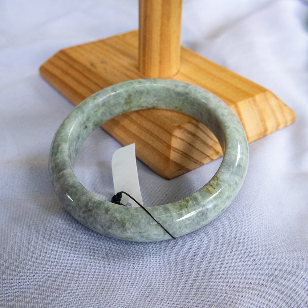 58mm Burmese Jadeite Bangle • Green & White Jade Prosperity Amulet
