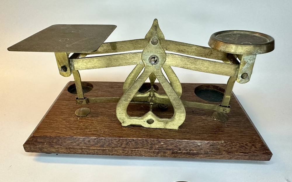 Vintage Brass postal scale, Wood Base With Three Weights.