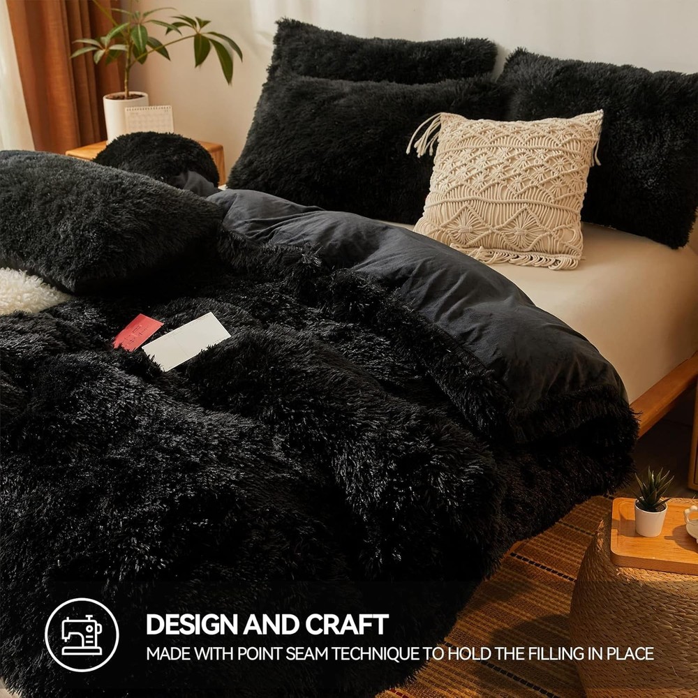 Faux Fur Black Comforter Set Queen，Down Alternative Queen,