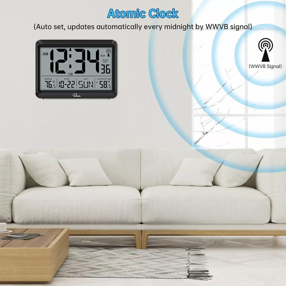 Atomic Clock With Indoor Outdoor Temperature, Self-setting Digital Wall