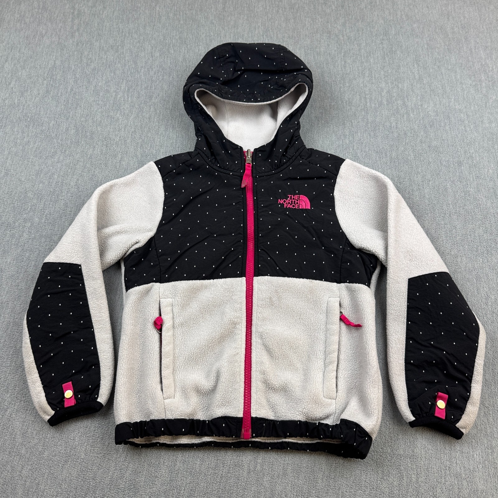 The North Face Jacket Teen Girls XS 6 Black White Denali Hooded Diamond Fleece
