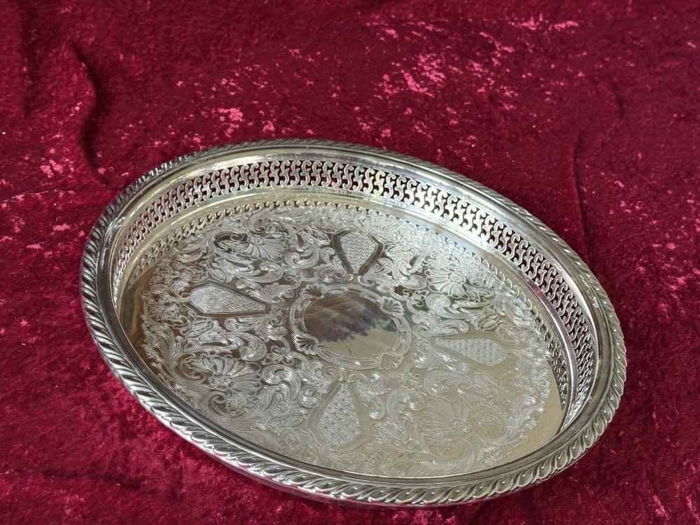 VTG Silver-plate 13” Tray Oneida USA with Scroll Etching Raised Rim Pierced.