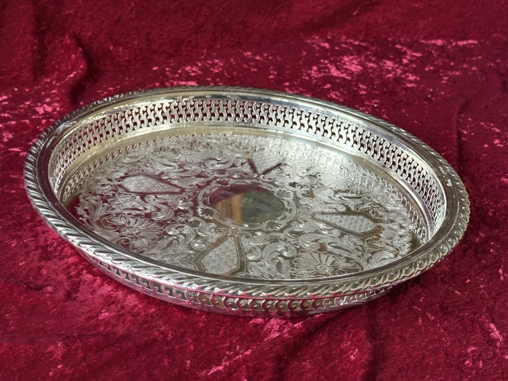 VTG Silver-plate 13” Tray Oneida USA with Scroll Etching Raised Rim Pierced.