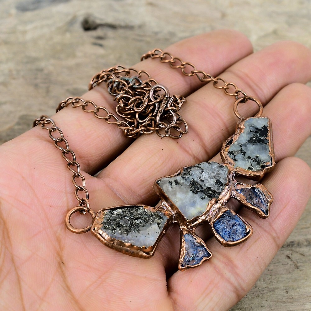 Rainbow Moonstone Rough Electroformed Chain Adjustable Necklace Copper 18.0"