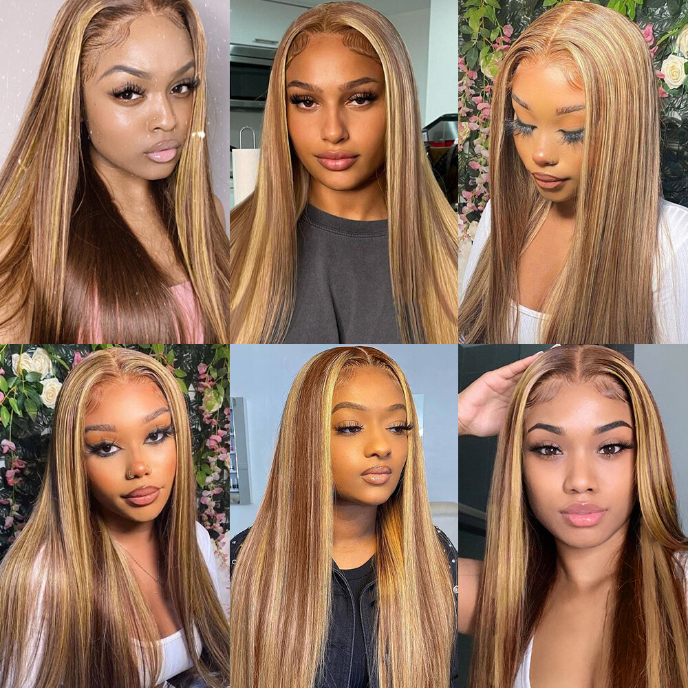 100% Human Hair Wig Ombre Highlight Straight 13X6 Lace Front Wigs Human Hair