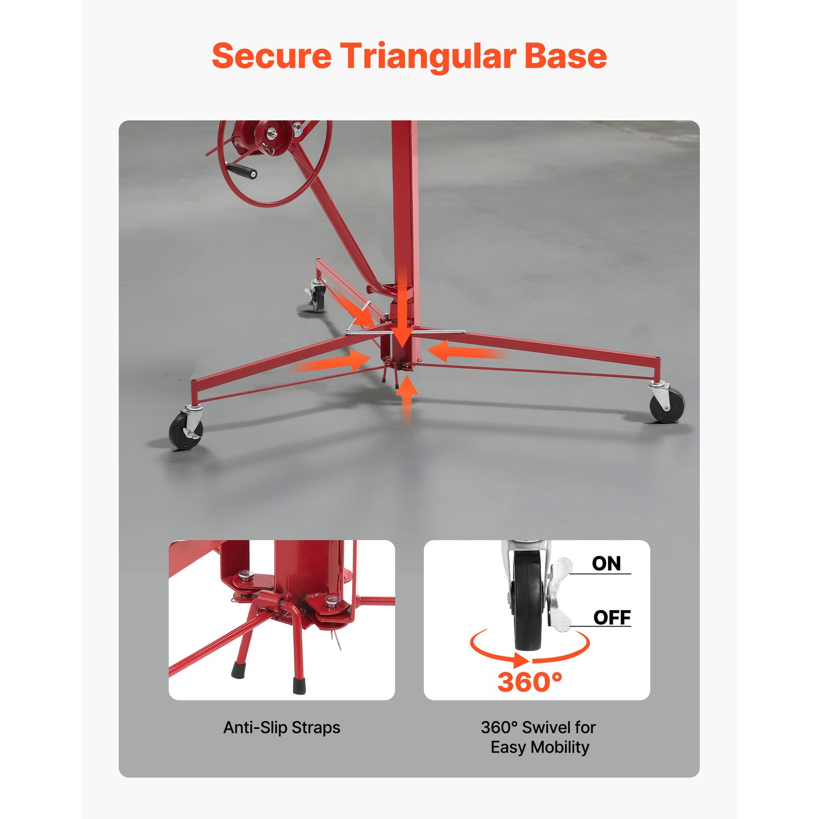 Uimoso 16ft Drywall Hoist, 150 lbs Capacity Adjustable Arm, Lockable Wheels, Red