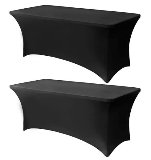 6FT Table Cloth - Pack Fitted Stretch Rectangle Spandex Tablecloth, 2 Black