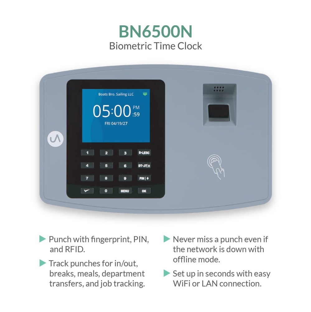 BN6500 Biometric Fingerprint Time Clock w/ WiFi Cloud Timecards