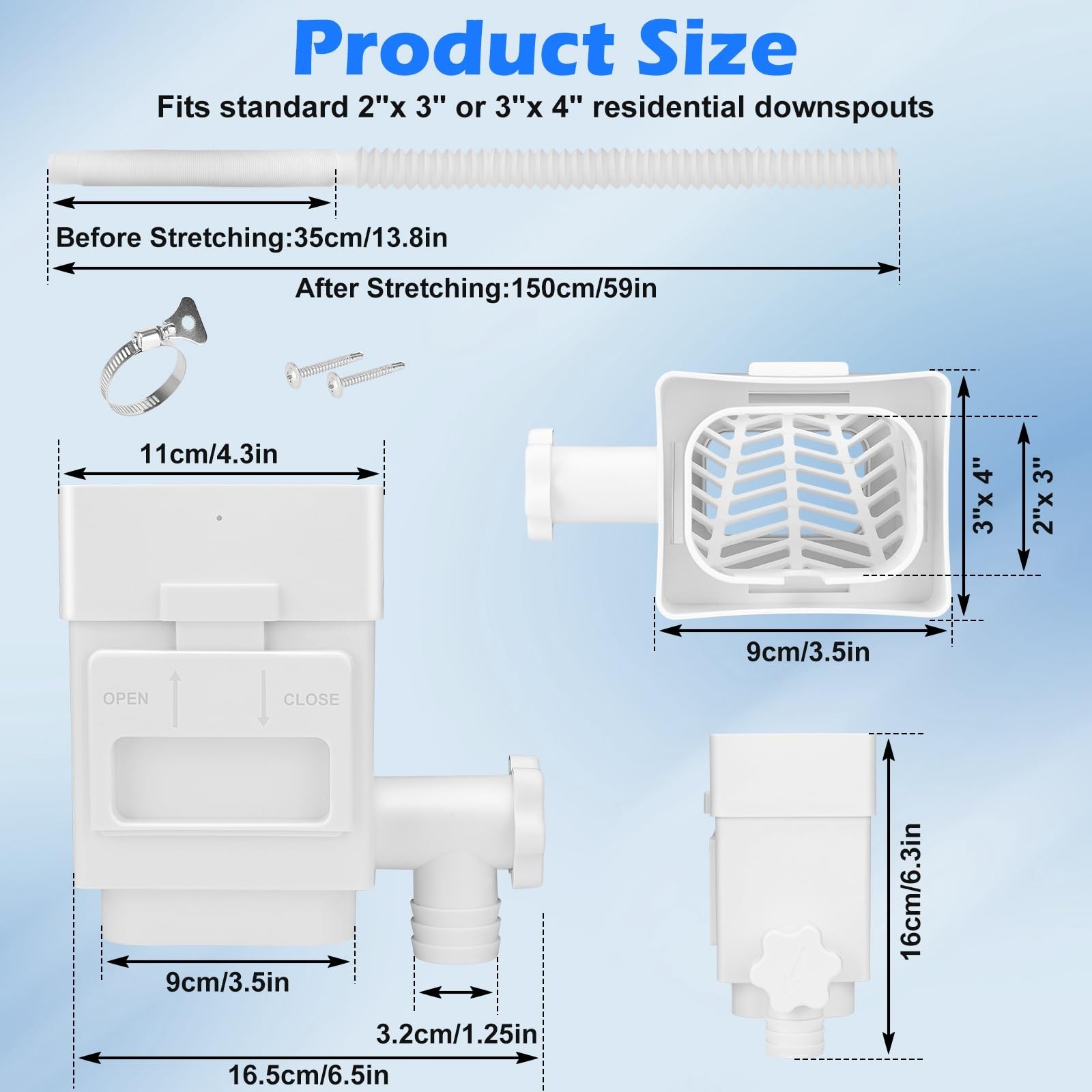 Downspout Diverter for 2x3 or 3x4 Residential Downspouts, 5FT Hose