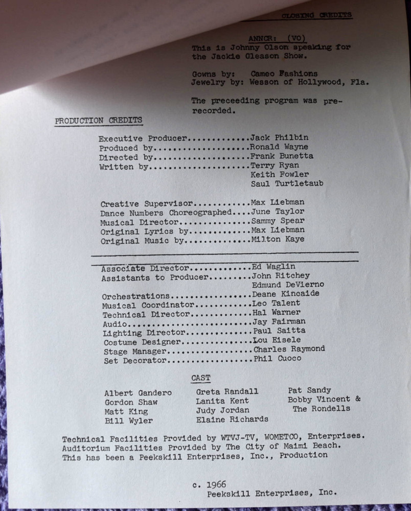 1966 " The Jackie Gleason Show " Original Screenplay Script