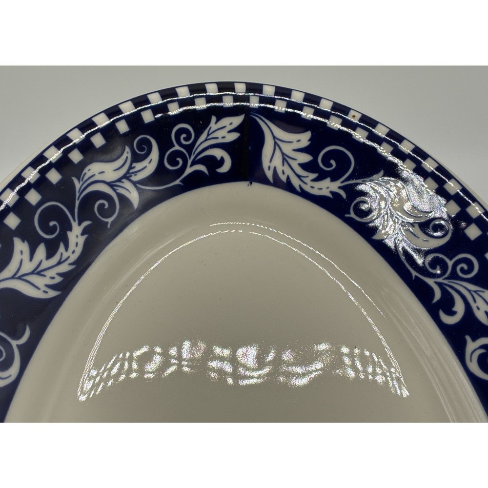 Homer Laughlin China Oval Serving Platter Blue Checker & Leaf Pattern 13.25"x 9"