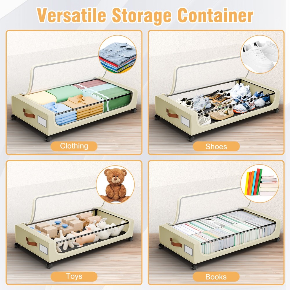 Space Saving Under Bed Clothes Storage 2-Rolling Bins - XL Clear Boxes with Lids