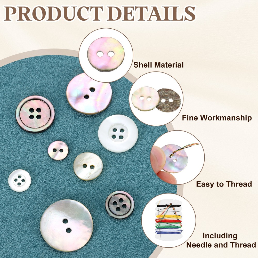 25Pcs 2 Hole 11.5mm Natural Shell Button with Sewing Thread Kit, Colorful