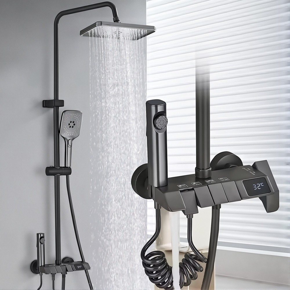 Black 4Key Adjustable Height Shower Faucet System Rain Head Combo w/Temp Display