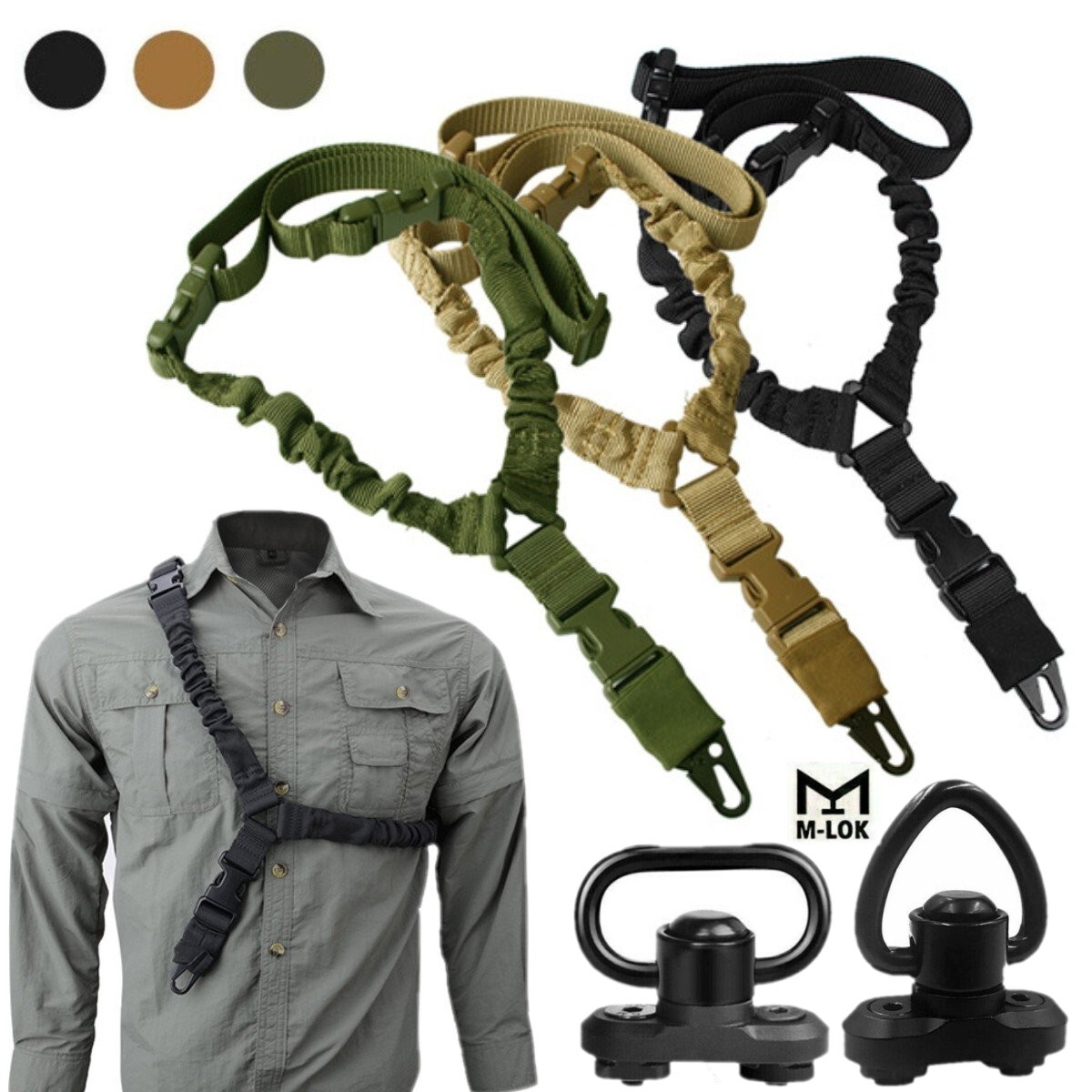 Single Point Gun Rifle Sling Bungee Strap w/ M-LOK Quick Release QD Sling Swivel