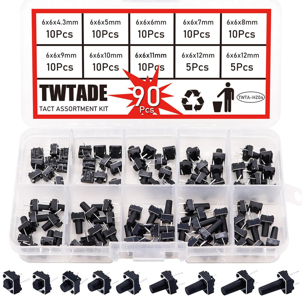 90PCS 2 Pin Tactile Switch Micro Momentary Tact Push Button Switch Assortment Ki