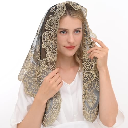 Triangular Mantilla Lace Head Covering Mass Catholic Church Veils Gold&black