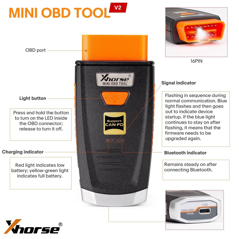 Xhorse MINI OBD TOOL V2 XDMO20 Support CANFD Protocol/LED light/IMMO Progarm