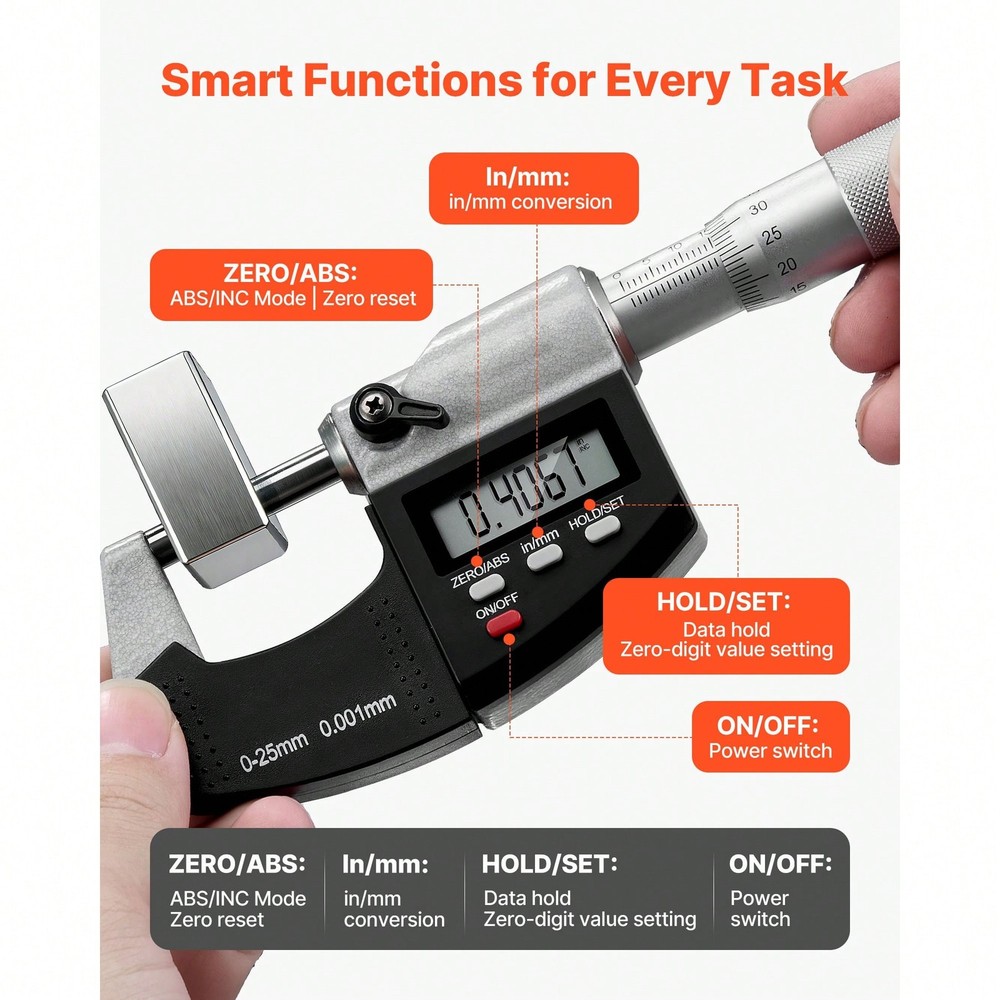 Micrometer Set, Digital Outside LCD Screen, In/Mm Switch, Carbide Tip