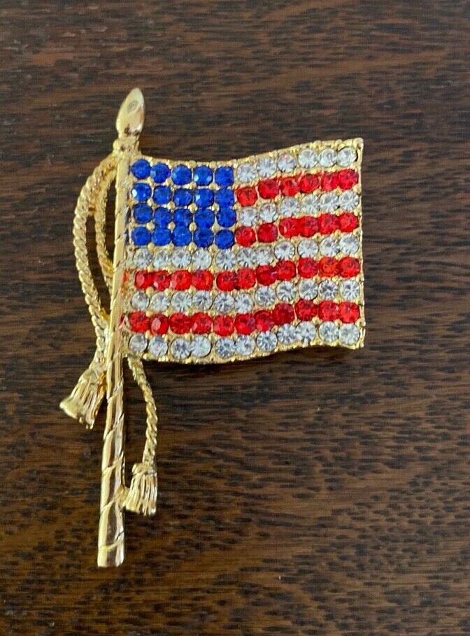 American Flag Brooch Pin Crystal Gold Setting