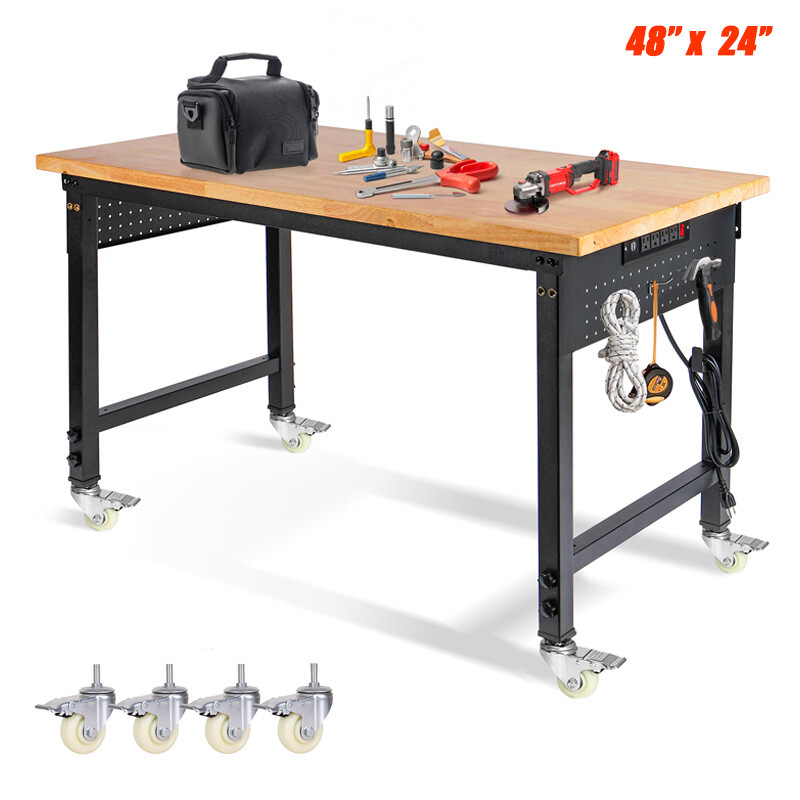 Adjustable Height Workbench 48"L x 24"W Work Bench Table w/ Power Outlets&Wheels