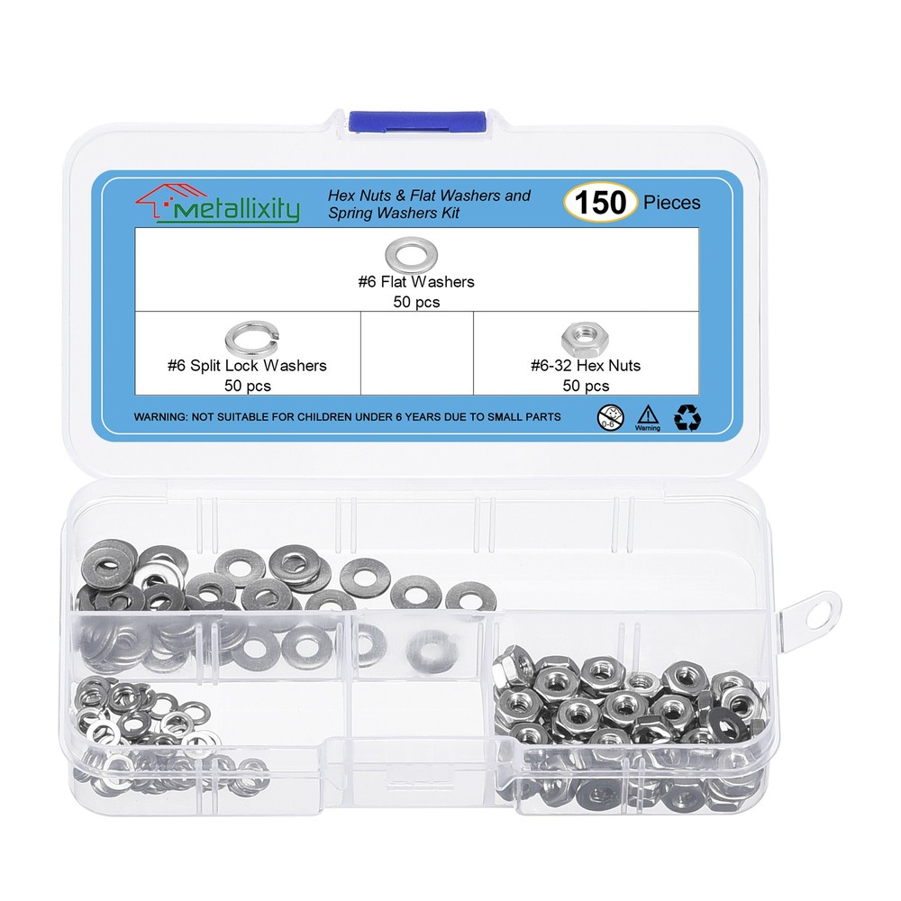 Hex Nuts Assortment Kit (#6-32 Hex Nuts with #6 Flat Washers) 150Pcs Kit