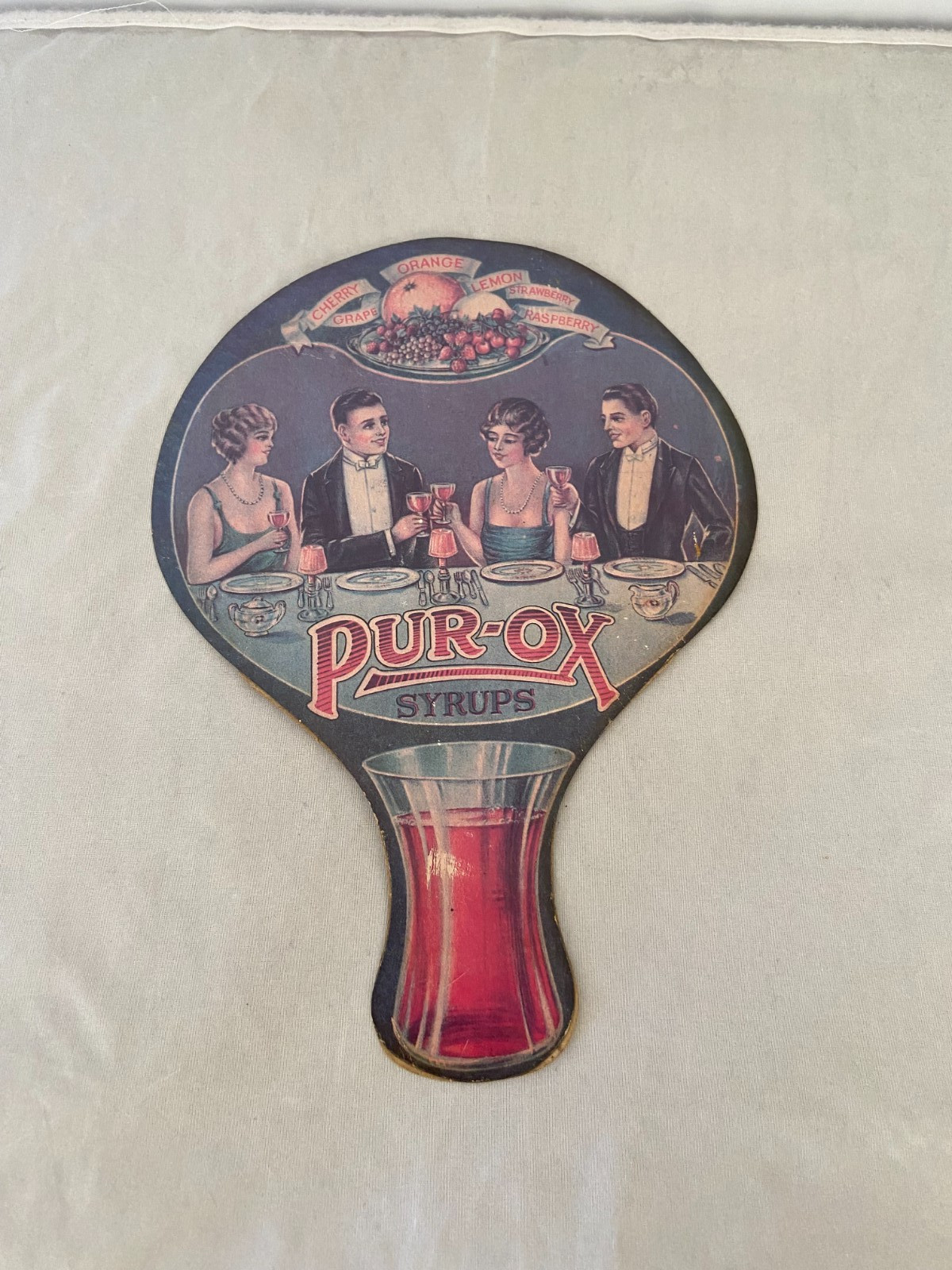 Vintage Advertising Die Cut PUR-OX SYRUPS Cardboard Handheld Fan