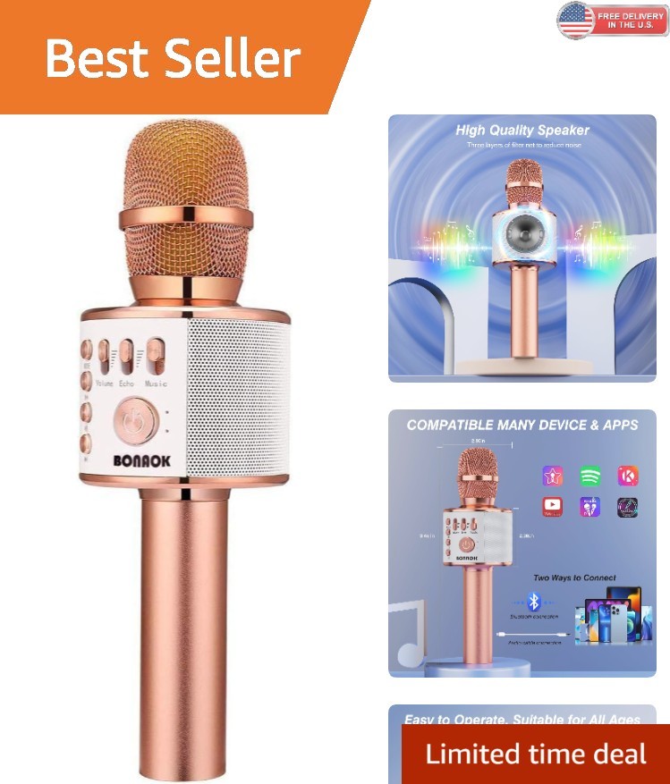 Rose Gold Wireless Bluetooth Karaoke Microphone with Volume Control for All Ages
