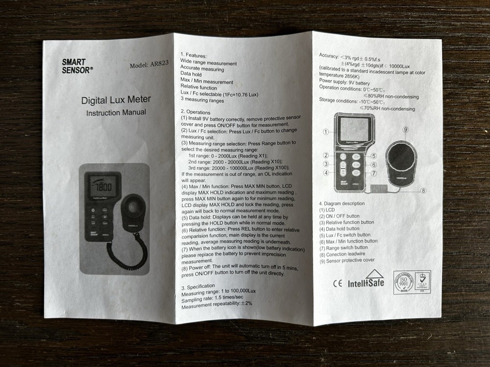 Intell Instruments Plus Digital Lux Meter - Smart Sensor RDI-AR823 Wide Range