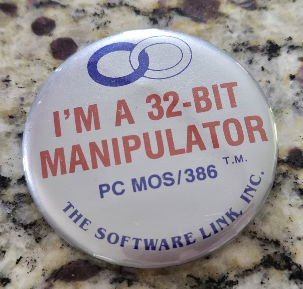 Vintage 2" PC MOS 386 32-bit operating Software Link button pin 1980s - Original
