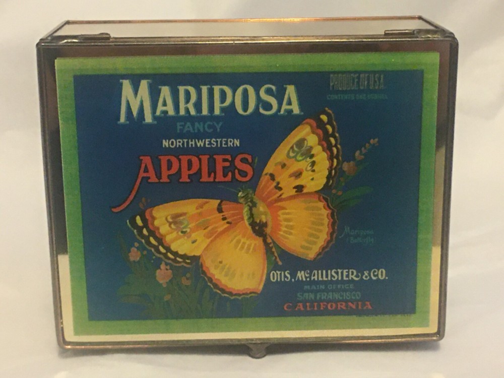 Two Decorative Mirror Metal Boxes Butterfly Apple Label