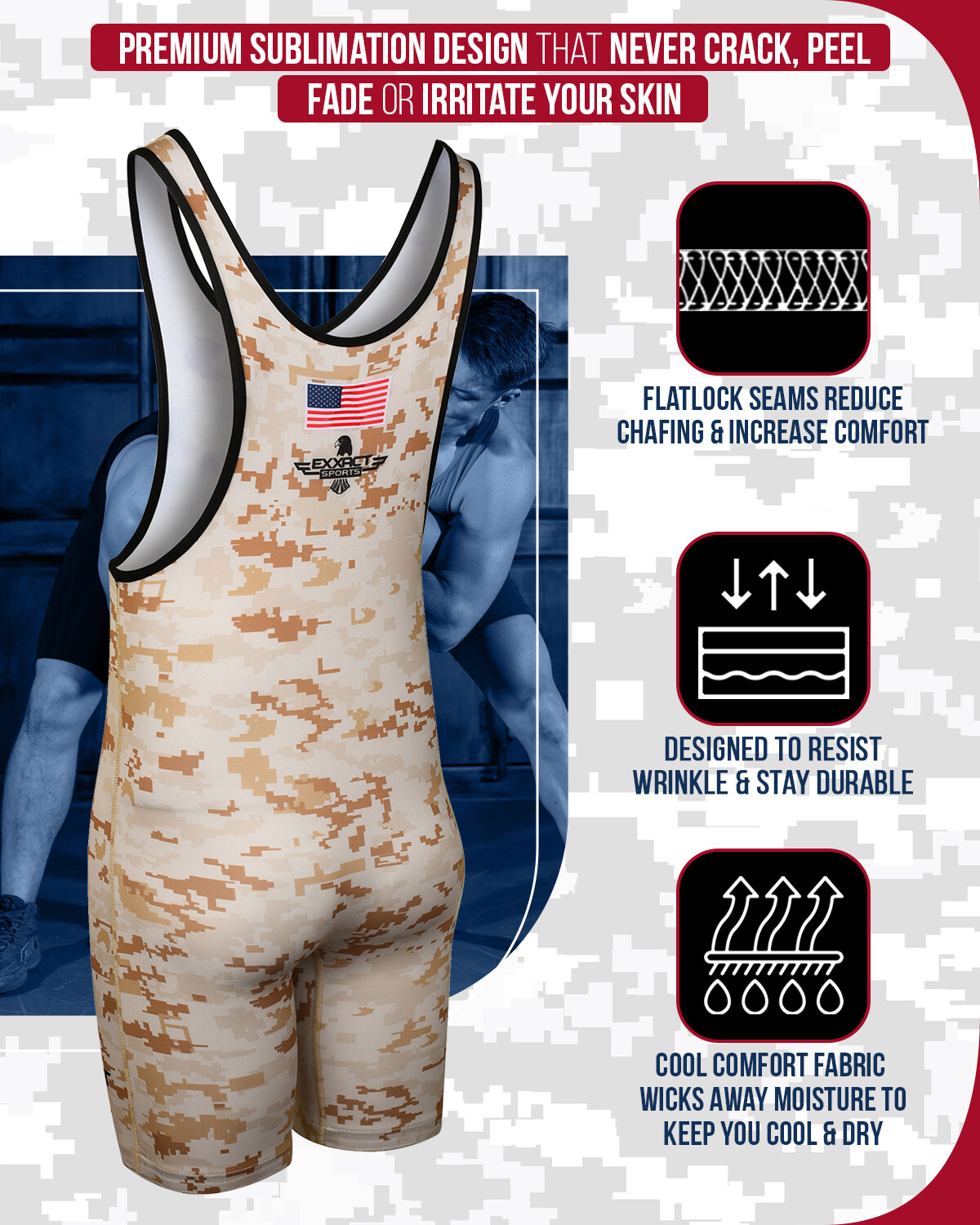 Exxact Sports Camoflage Wrestling Singlet for MMA, Powerlifting Singlet Youth