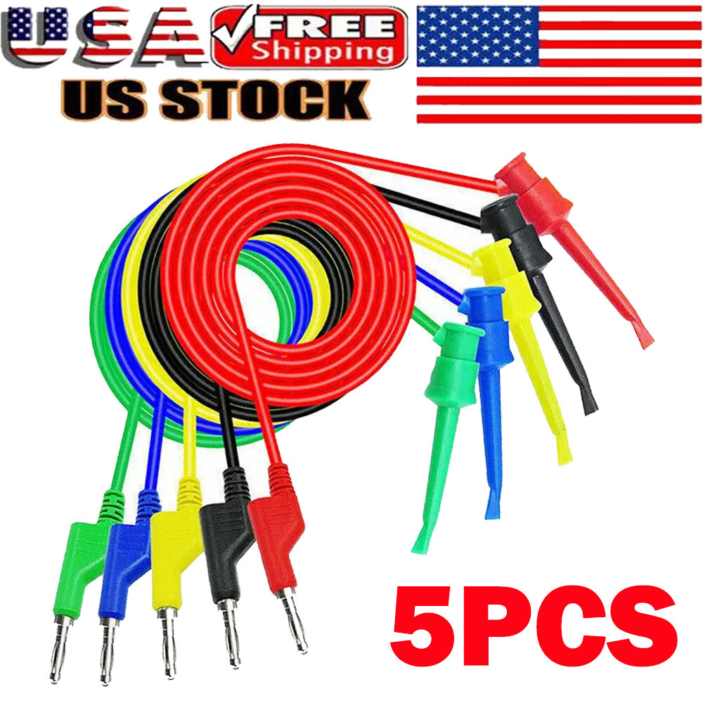5PC 4mm Stackable Banana Plug To Test Hook Clip Test Leads Mini Grabber Cable
