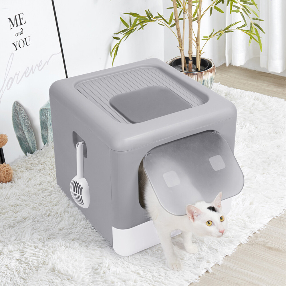 Large Space Cat Litter Box Front Top Entry with Scoop Drawer Foldable Detachable