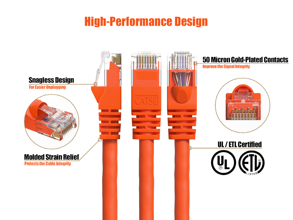 10ft Cat5e UTP Ethernet Network Patch Cable Snagless 24AWG Bare Copper, Orange